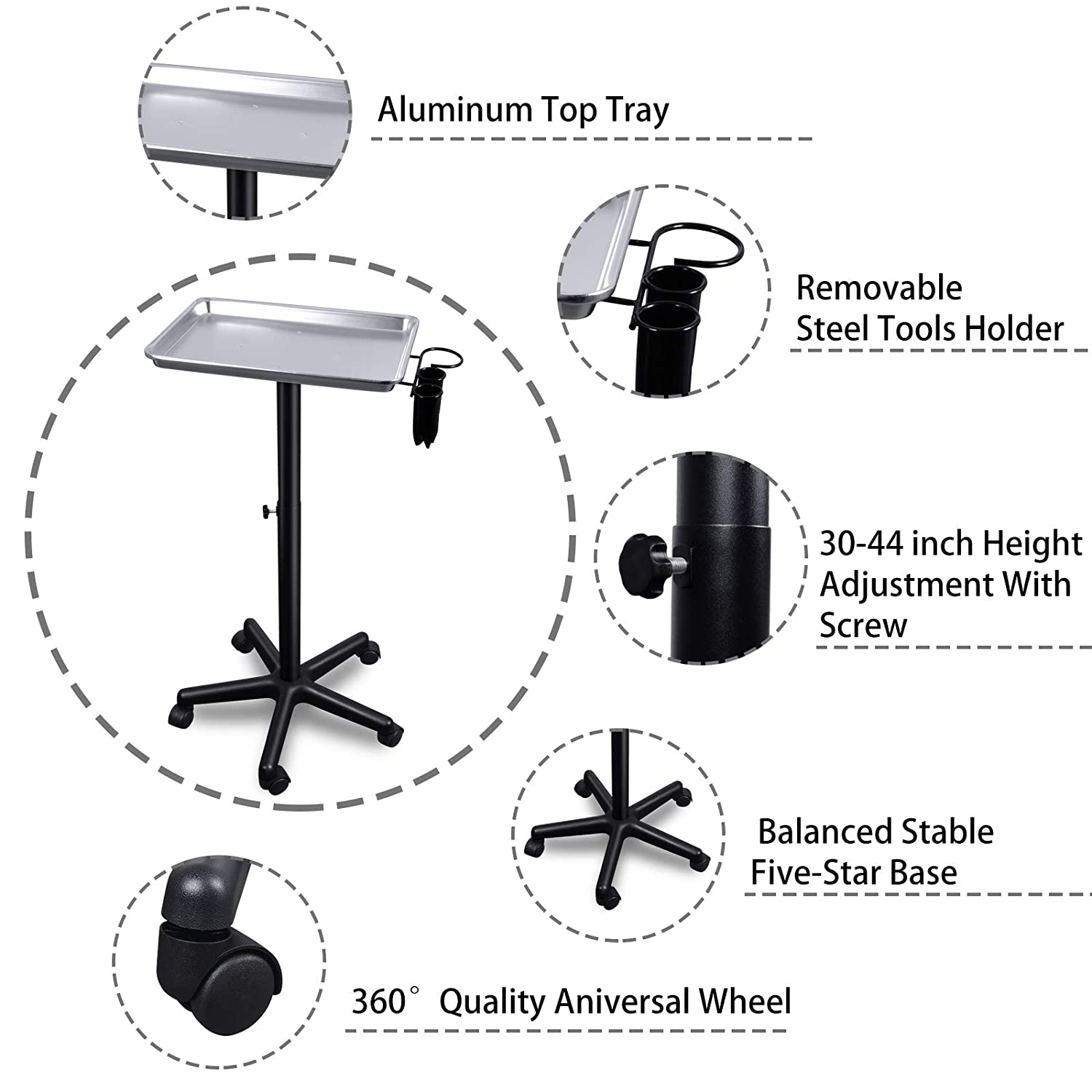 Hair Tray Stand Intrumental Cart Rolling Trays Aluminum Portable on Wheels Chemical Salon Spa Beauty Trolley Service Cart