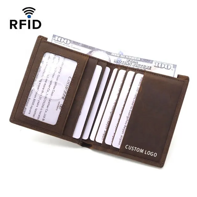 Rfid Wallet Genuine Leather Rfid Blocking Short Money Clip Casual Wallets Crazy Horse For Men