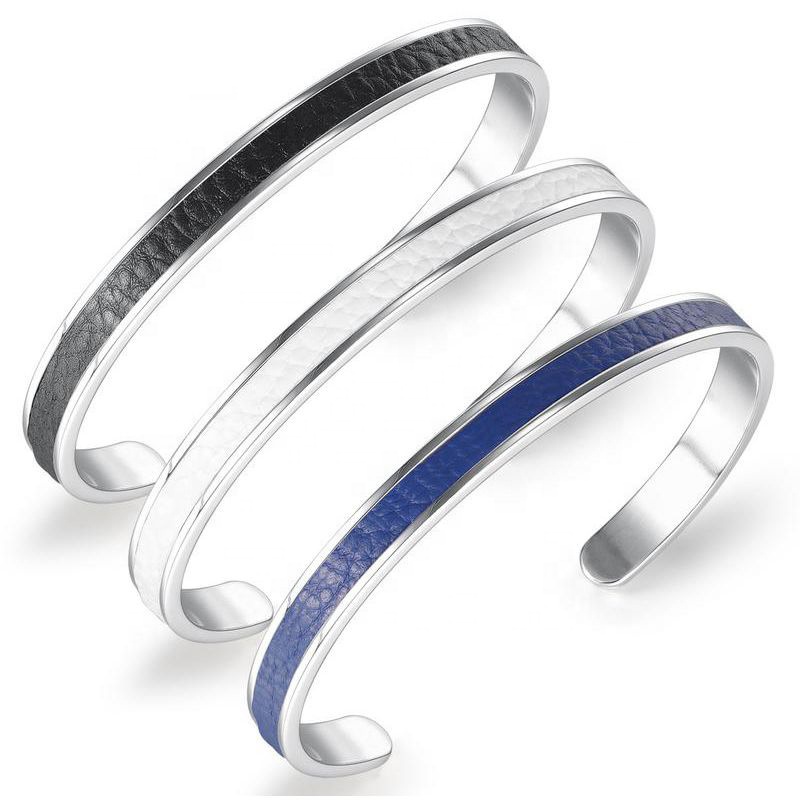 Classic Designs 7mm width Stainless Steel Open Cuff Leather Bangle for Women Men