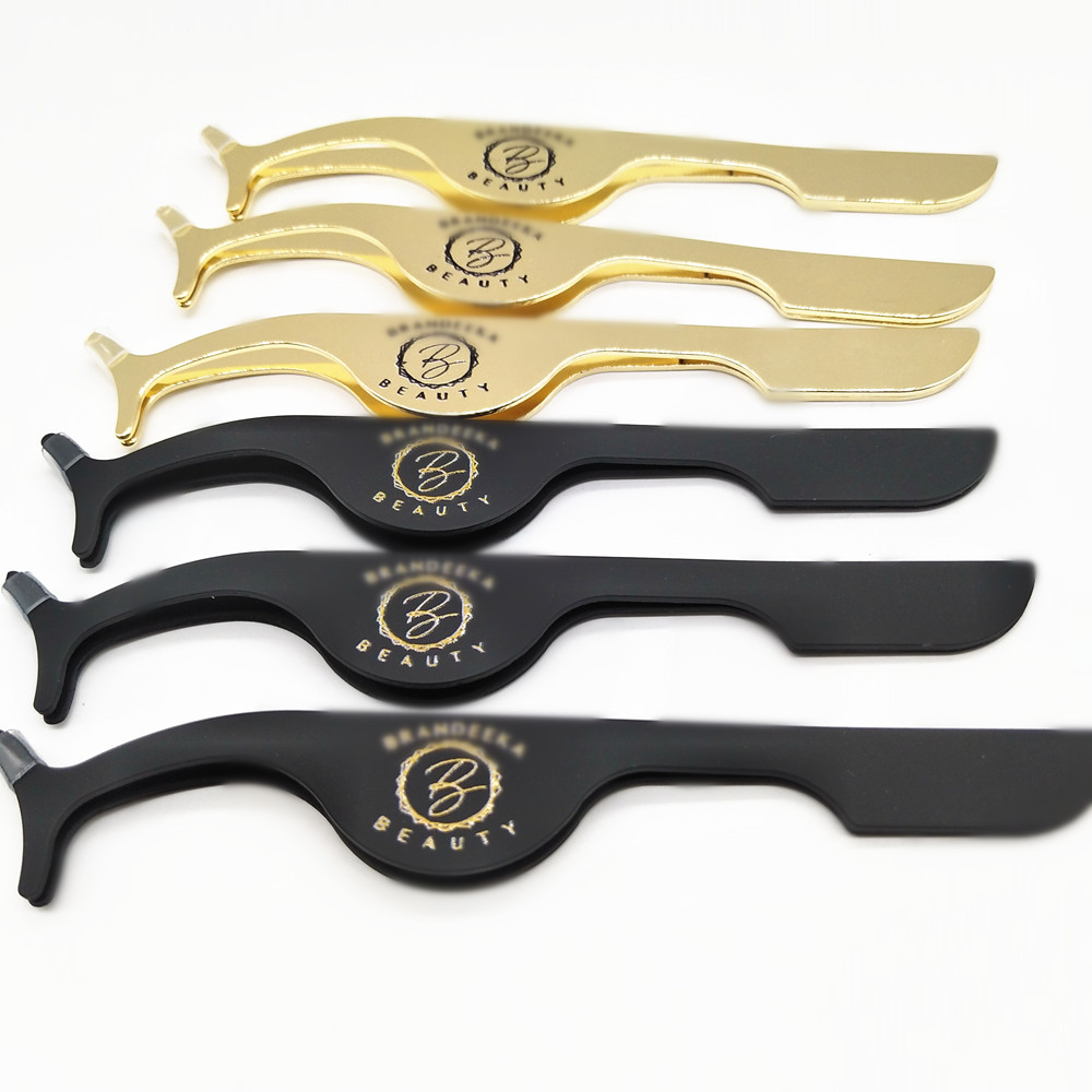Private Label Black False Eyelashes Applicator Remover Custom Logo Stainless Steel Gold Eyelash Tweezers