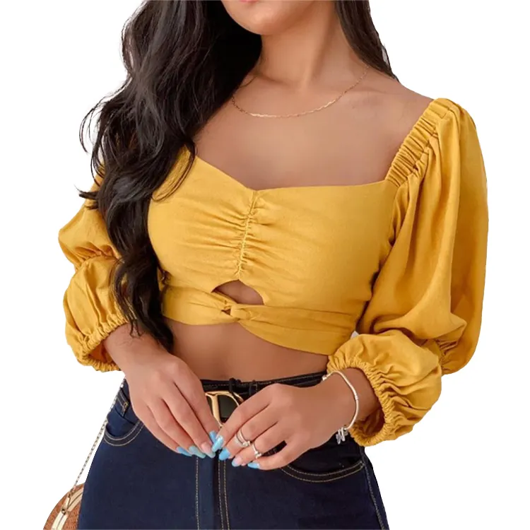 2021 New trendy ruffles puff long sleeves loose women blouses sexy crop linen blouse