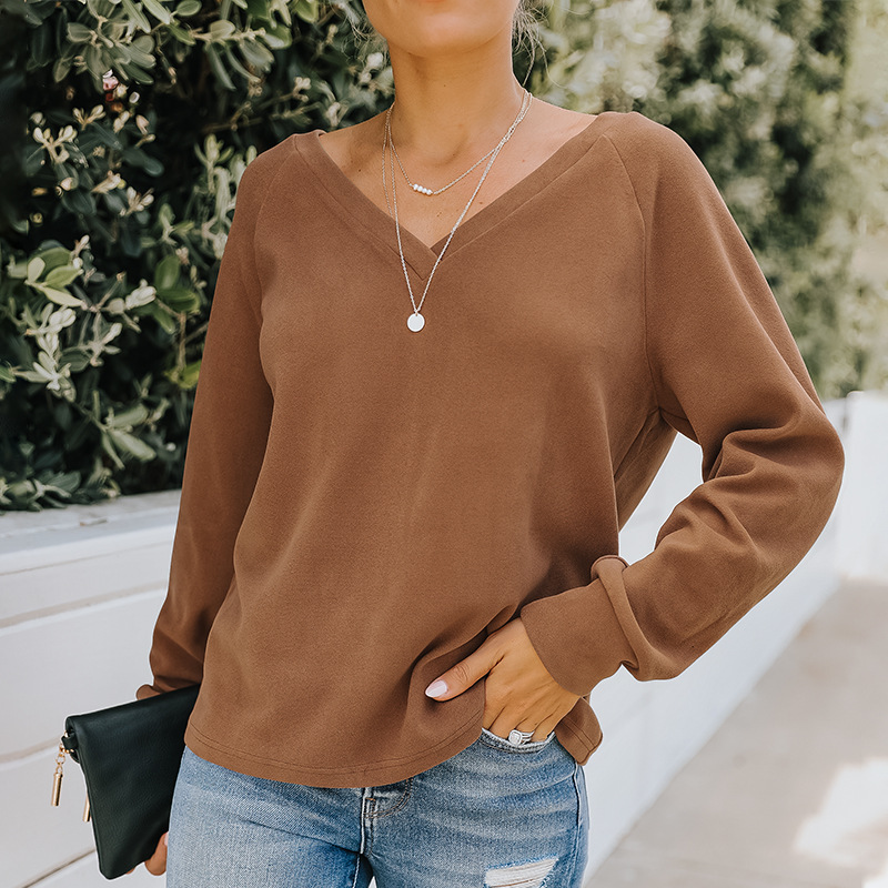 2021New fashion women's hot sale autumn and winter models solid color V-neck sexy halter pullover T-shirt blouse