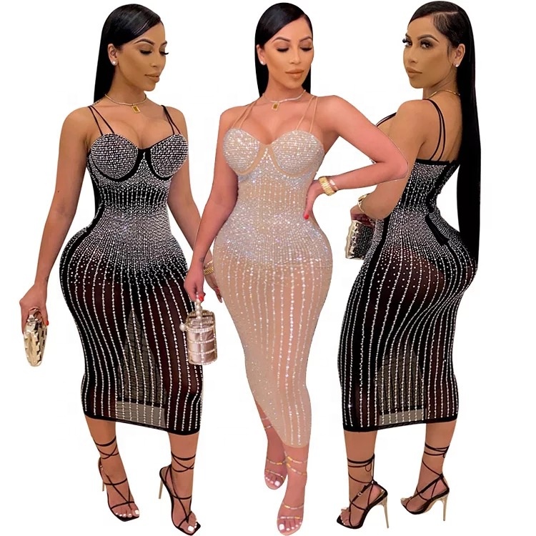 2021 summer hot sale party sexy long deep v-neck shoulder off sleeveless slim perspective bodycon bling women dresses for club