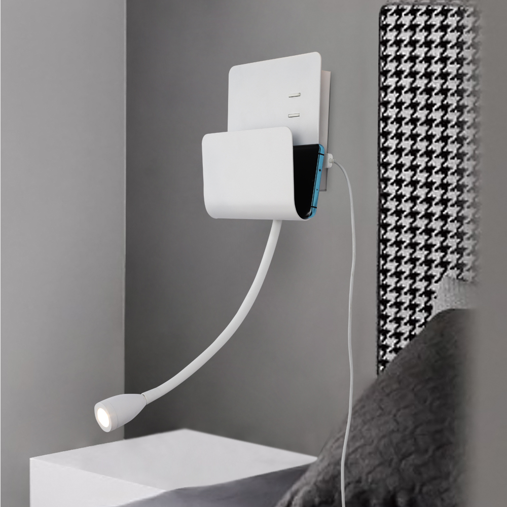 Modern Decorative Led Wall Lamp Bedside Light With U-Shaped Storage Table With USB Charger For Bedroom