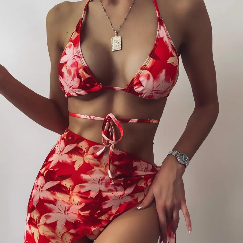 2022 Special Fabric Wholesale Sexy Women Swimwear High Waist Halter Three Piece Bikini New Print Lace Up Swimsuit