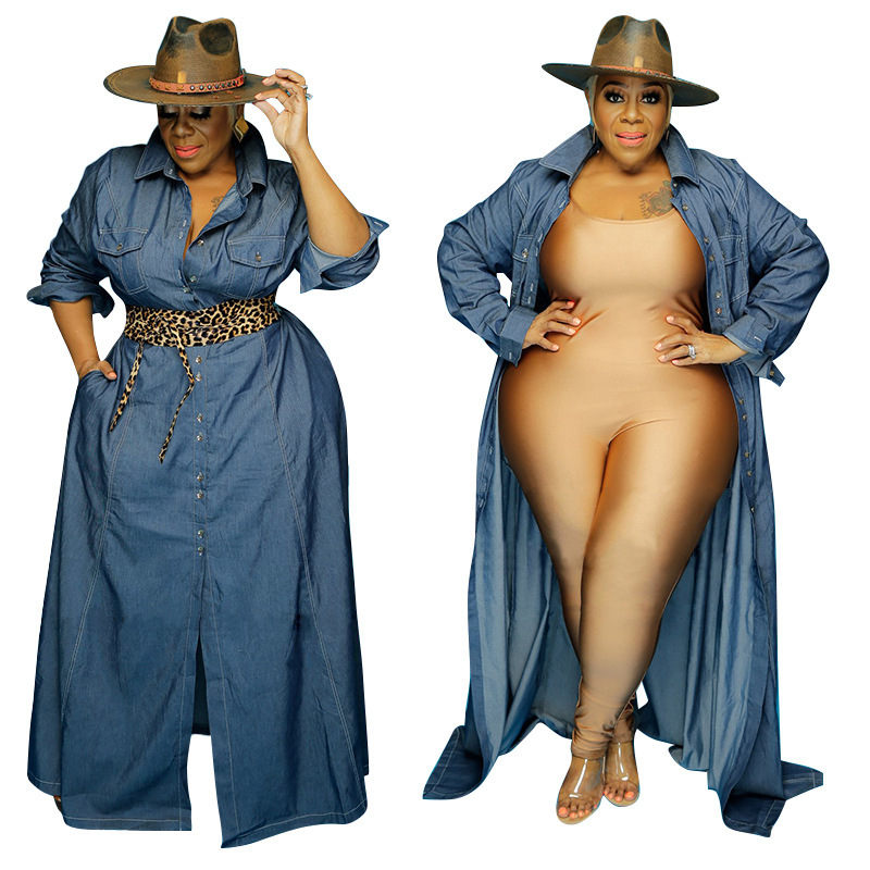 2021 Plus Size Casual Long Sleeve Women Maxi Denim Dress Fat Woman Plus Size Ladies Overcoat Dresses