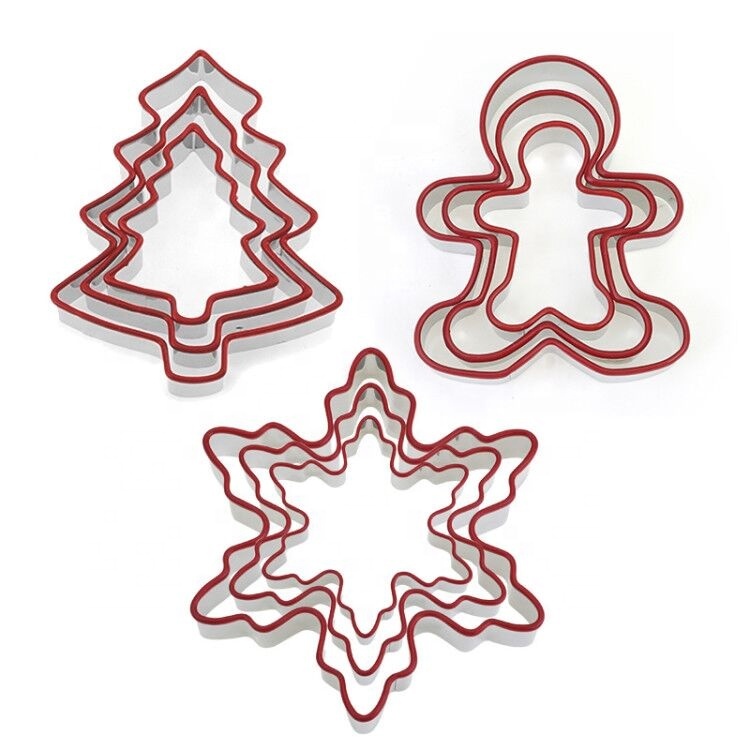 LFGB Custom Stainless Steel Christmas Gingerbread Tree Snowflake with Silicone Edge Biscuit Cookie Cutter Sets
