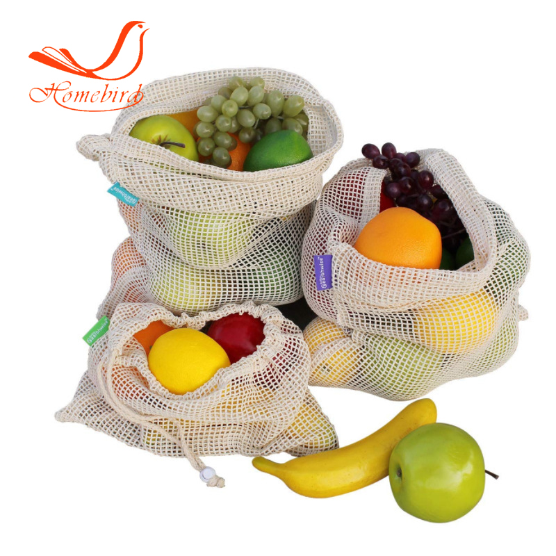 Reusable cotton mesh produce bag set drawstring net bag