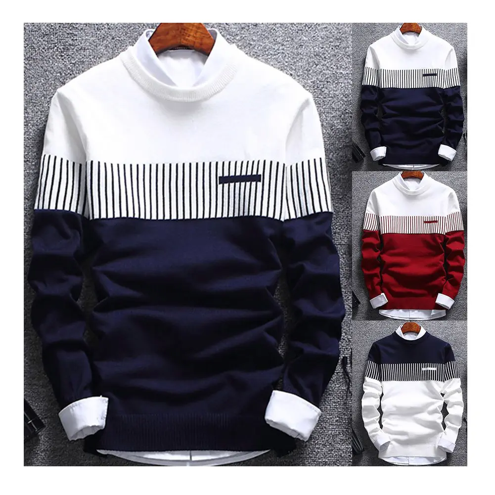 Knitted Black Fashion Striped Crew Neck Hooded Wool Crewneck Sweatshirt Long Sleeves Korean Custom Knit Plus Size Men'S Sweaters