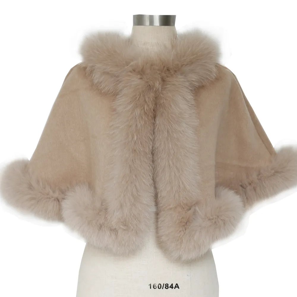 High Quality Ladies Soft Fur Trim Knit Cape Customized Color Winter Fur Poncho Coat For Women