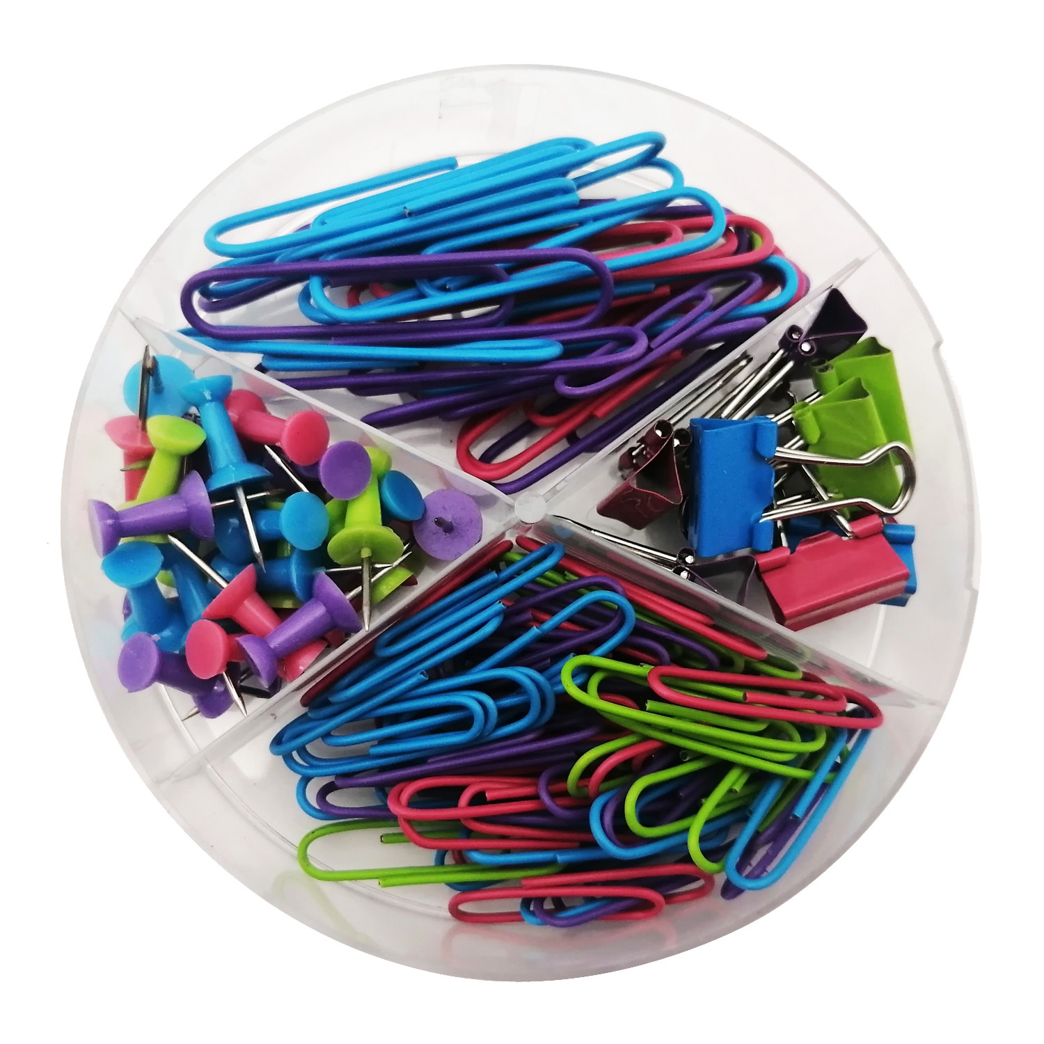 Wholesale transparent box packing office desk paper clip set supplies paper binder push pins set for school stationery