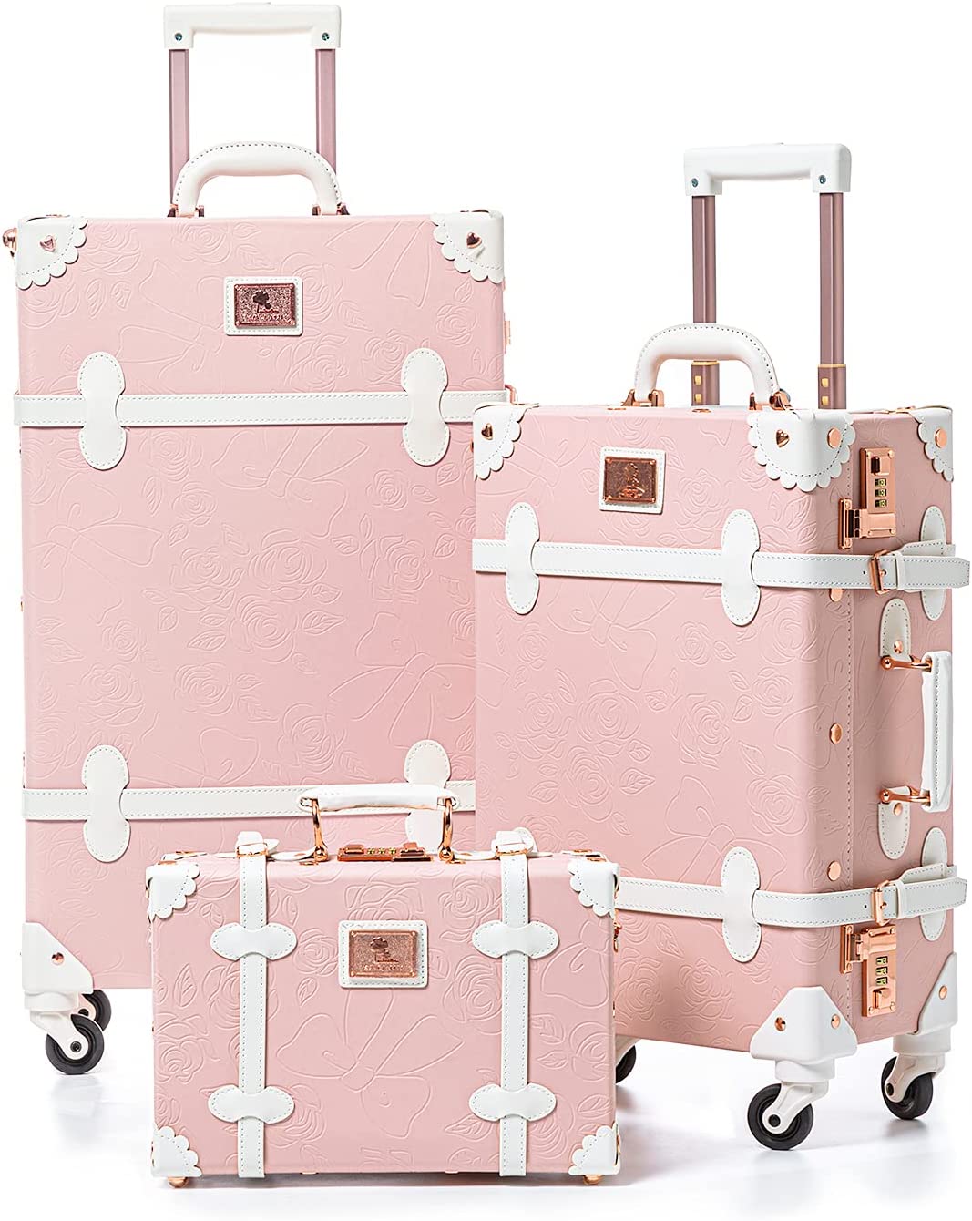 Factory Embossed Pink Vintage Suitcase 3pcs Set 20inch 26 inch PU Leather Spinner Luggage with 13 inch Train Case for Women