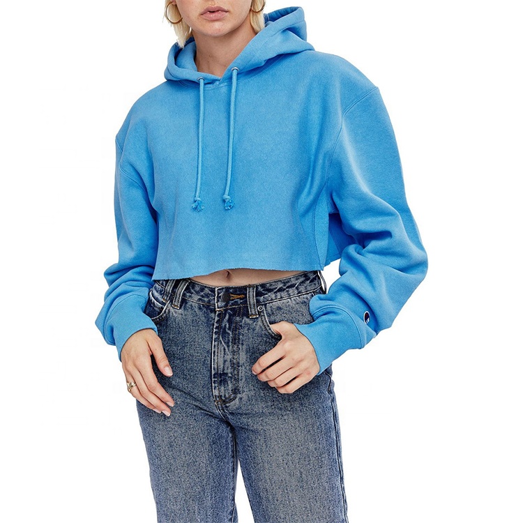 Пользовательские синий обратный переплетения Обрезанные Cut Off Hood Jumper Crop Hoodies