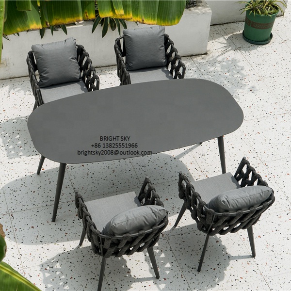 Hot sale modern outdoor rope furniture marble dining table rattan chairs waterptoof