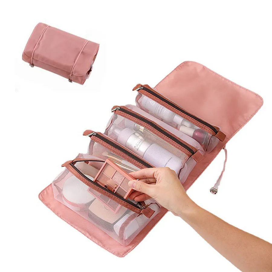 Multi Functional 4 in 1 Folding Cosmetic Bag Organizer with Detachable Mesh Bags Women Girls Travel Quick Roll Up Makeup Bag