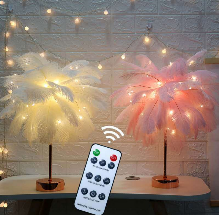 LED copper wire feather table lamp metal remote control dandelion lamp bedside decorate
