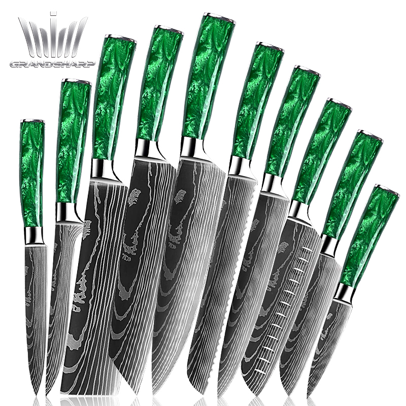 Amazon hot sale high quality stainless steel ultra sharp balde cutting cultery chef Chopping butcher Kitchen Knives Set of 10