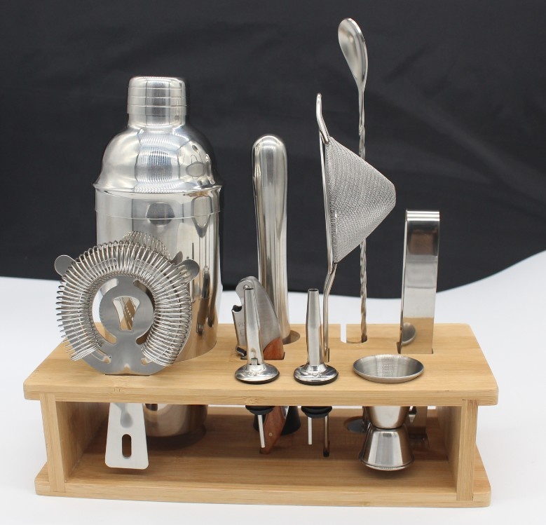 Home and Commercial use 9-piece stainless steel cocktail shaker set with bamboo stand bar