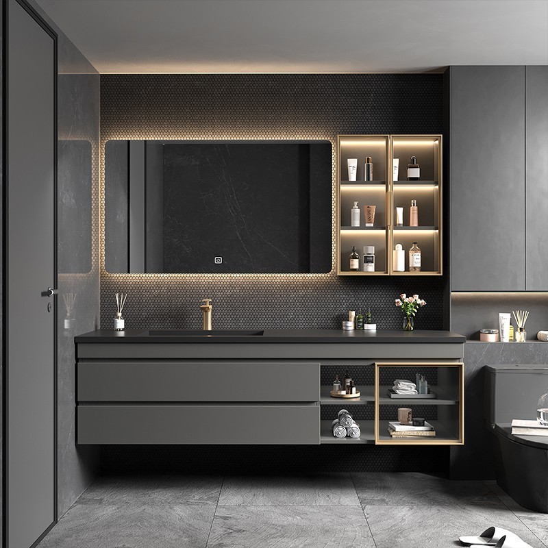 Luxury Modern Hotel Single Sink Bathroom Vanity With Smart Mirror and Side Cabinet Bath Room Furniture Vanity Sets