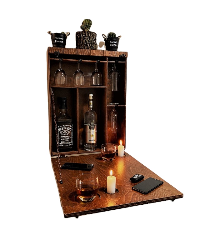 JUNJI Personalized Whiskey Hanging Wall Wood Cabinet Wood Minibar Storage Wine and Glass Cabinet Gift Engraved Box