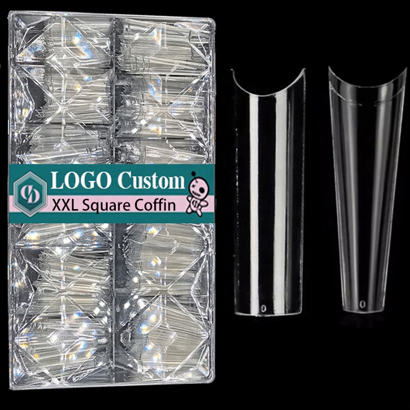 550Pcs Box Custom Logo Pirvate Label Extra Long Clear Square Nail Tip No C Curved Half Cover Salon Straight XXL Coffin Nail Tips