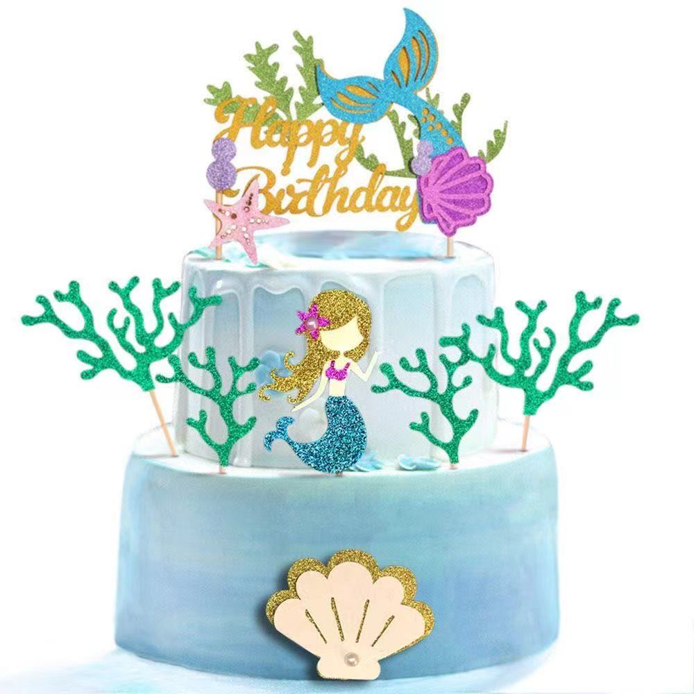 7 PCS included Mermaid Tail Shell Happy Birthday Glitter Paper Cake Topper