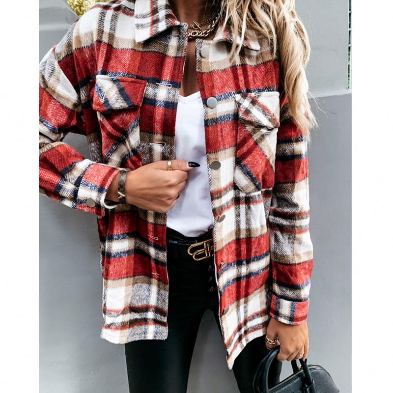 Winter Checkered Blouse Jackets Buttons Front Plaid Wool Shirt Jacket Long Sleeve Coat for Woman