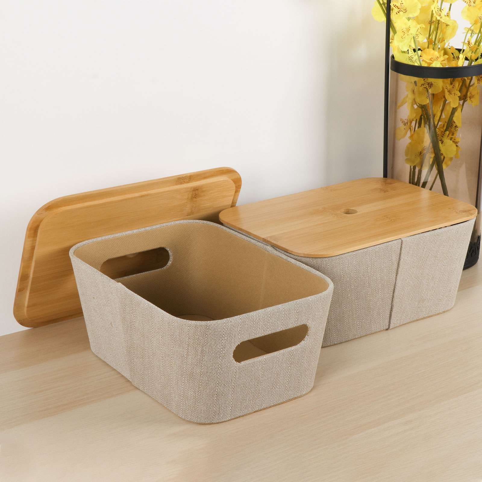 Multipurpose Stackable Organizer Boxs Set.Modern Style Tweed Fabric Storage Baskets Set of 3 with Bamboo Lid.