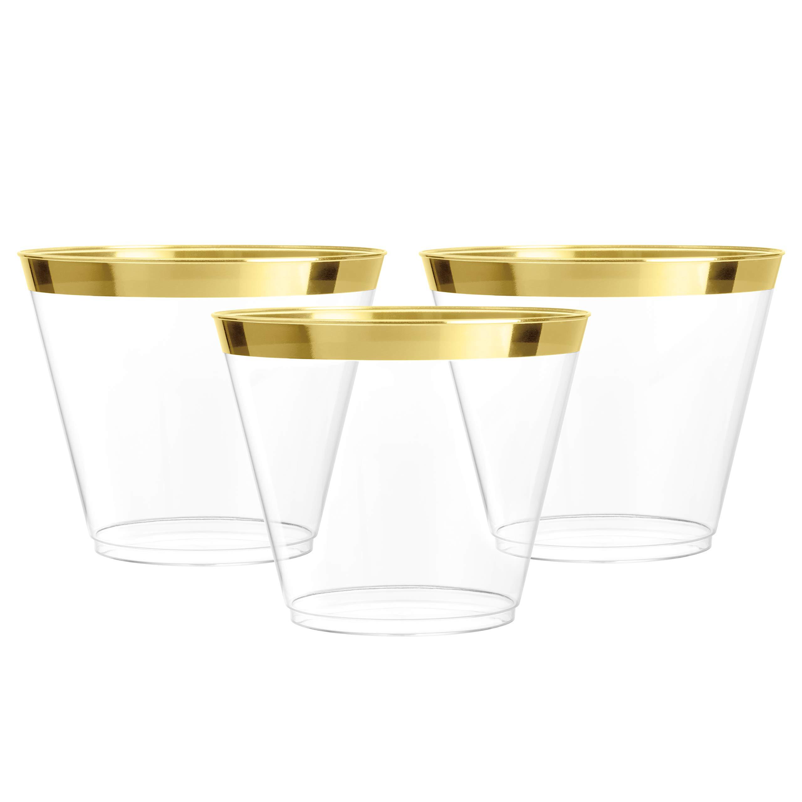 Wedding Party Disposable Transparent Glasses Cocktail Parties Hard Plastic Clear Wine Cups with Gold Rims