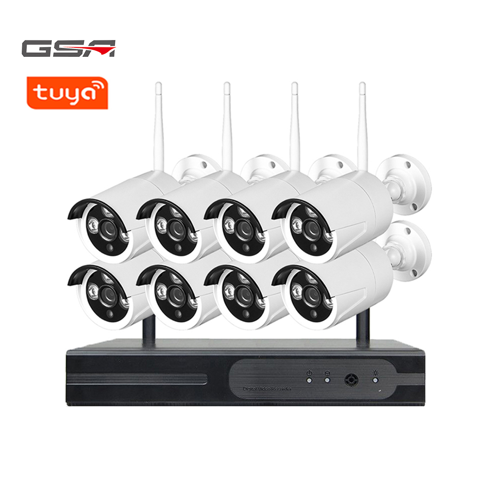 Беспроводная система видеонаблюдения GSA Tuya, 8 каналов, 1080P, HD, Wi-Fi, NVR, 2 МП, IP66, цилиндрическая IP-камера