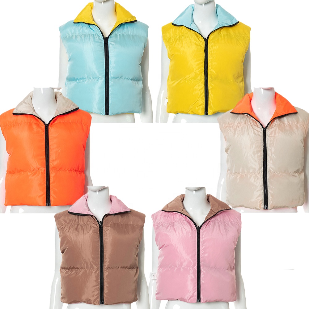 2021 Fall Winter Womens Vest Outerwear Cotton Padded Zipper Ladies Gilet Jacket Custom Puffer Reversible Cropped Vest
