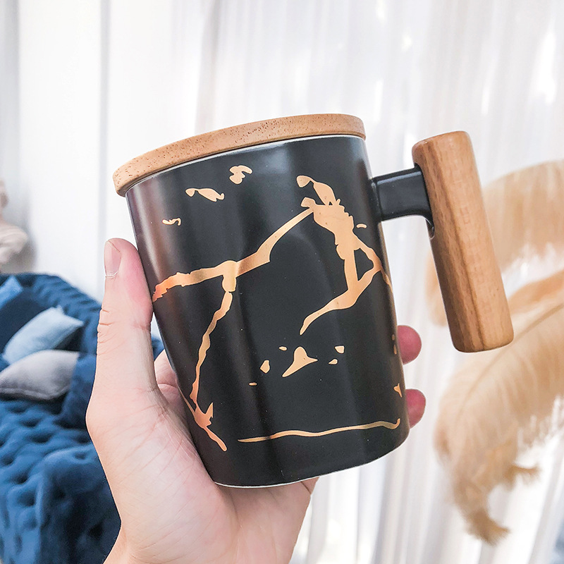 Seaygift Creative New Design Marble Gold print Wooden Handle Coffee Cup Ceramic Advertising Gift Water Mug