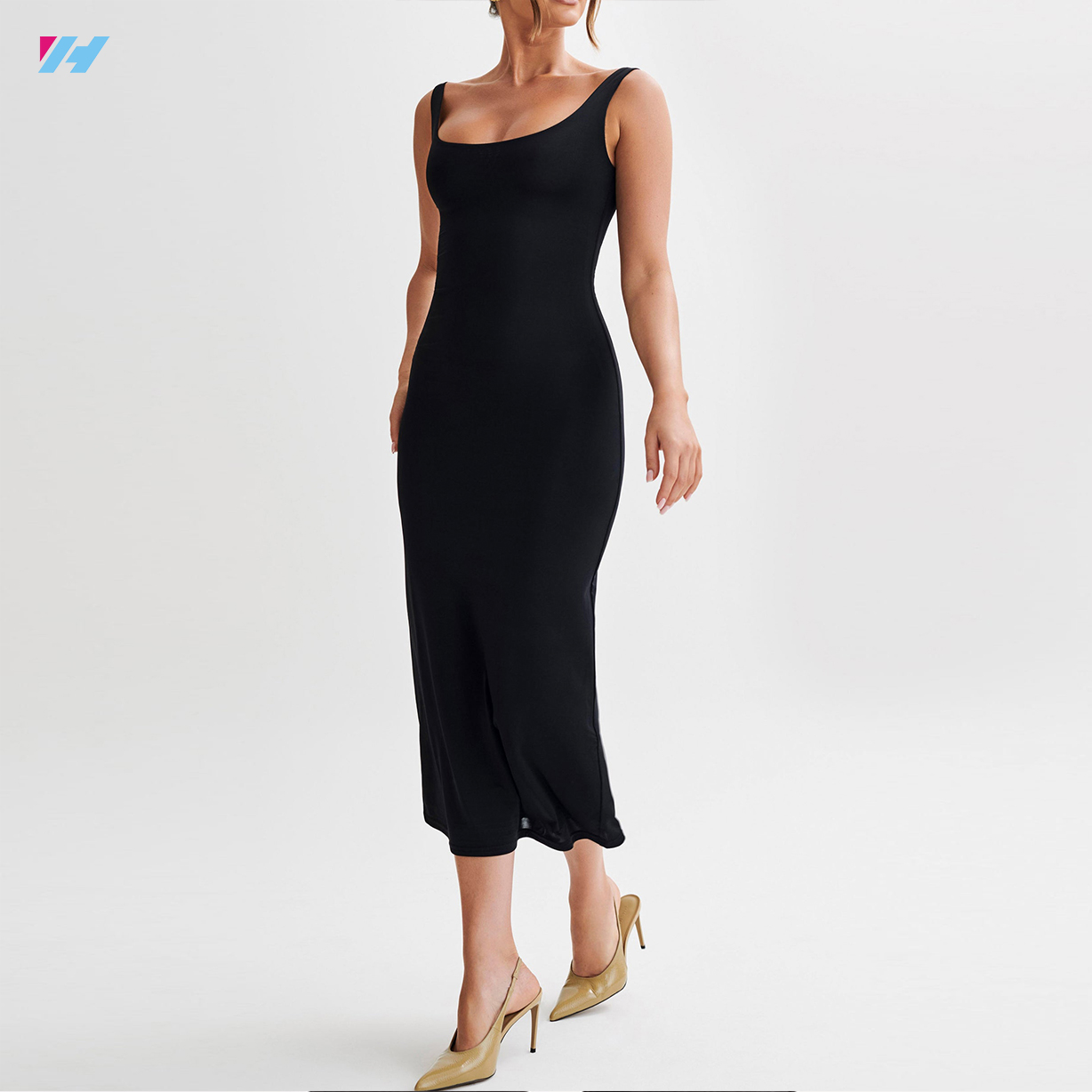 Custom Elegant Lady Scroop Neck Sleeveless Black Midi Long Dress For Women