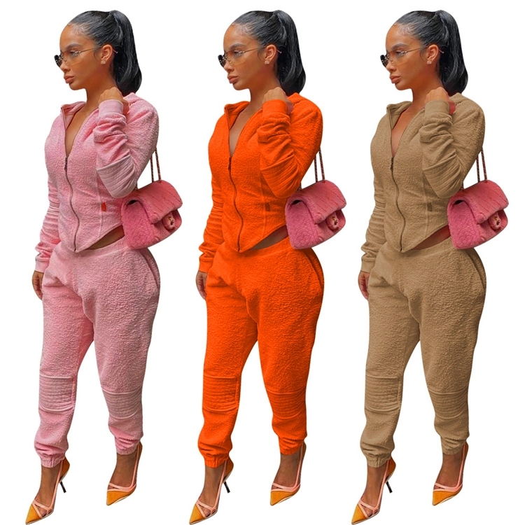 high collar long sleeve solid color crop hoodie casual Ladies Two Piece Set Women Clothing womens 2 piece outfit
