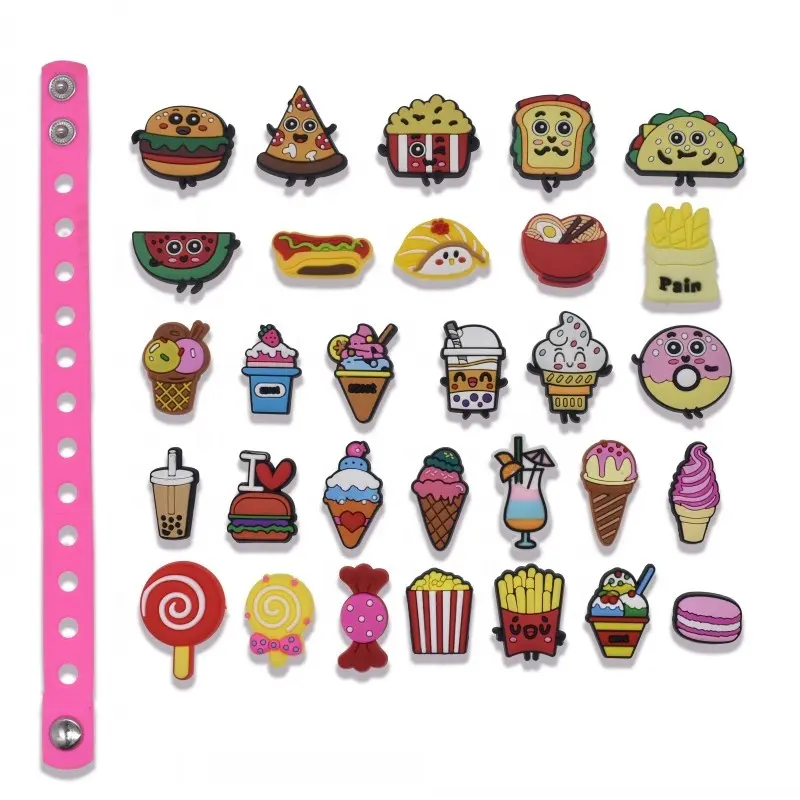 30pcs Shoes Charms Food Charms for Shoes Wristband Bracelet Decoration Teen's Party Gifts(1pcs random wristband)