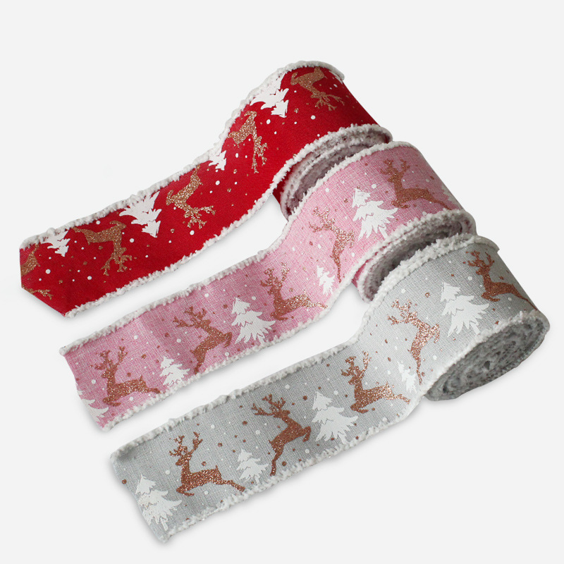 Christmas printed ribbon three color elk gift bag linen tape DIY wire lace linen roll