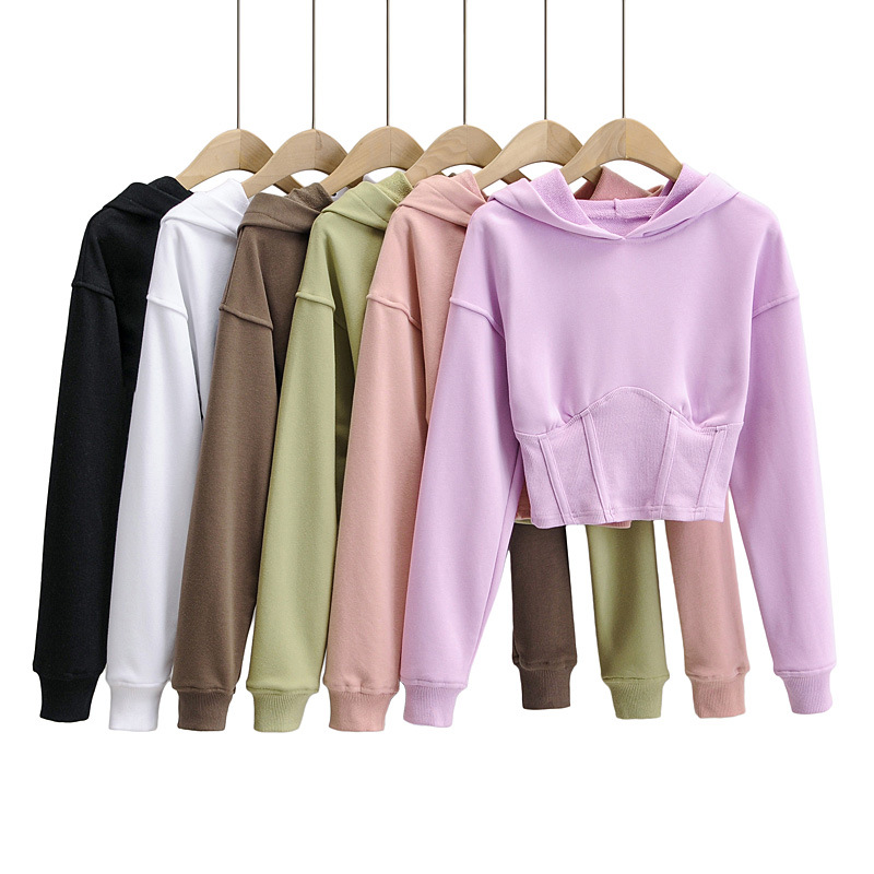 Wholesale oversized hoddies womens sweatshirts and pullover drawstring crop top cotton hoodie short style