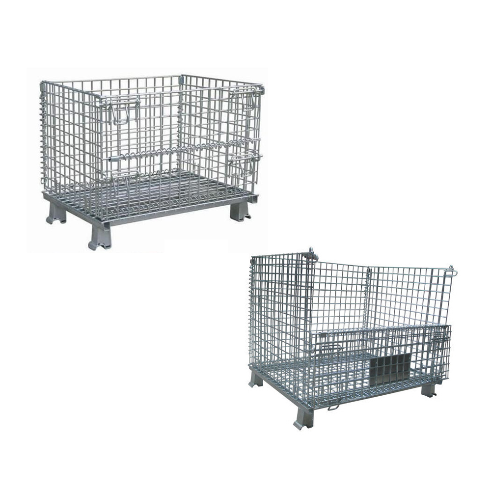 Foldable Heavy Duty Industrial Large Stacking Steel Forklift Storage Galvanized Metal Wire Mesh Cage Basket With Wheels