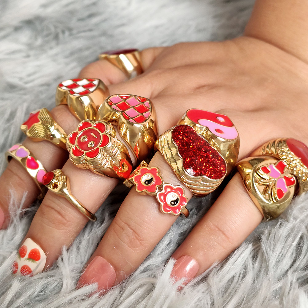 2021 High Quality Red Color Enamel Star Smiley Face Rings For Women Chunky Alien Love Heart Y2k Ring
