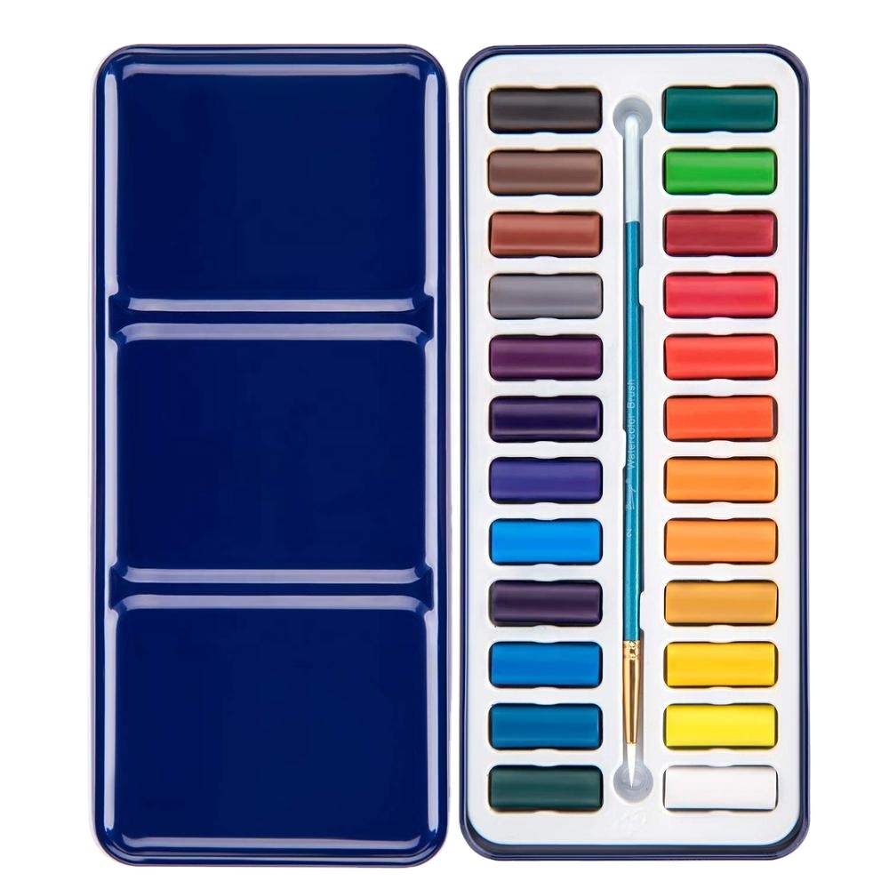 New design products assorted vibrant neon colors 12/24/36/48/72/90 neon metallic watercolor paint cake pan set with blue tin box
