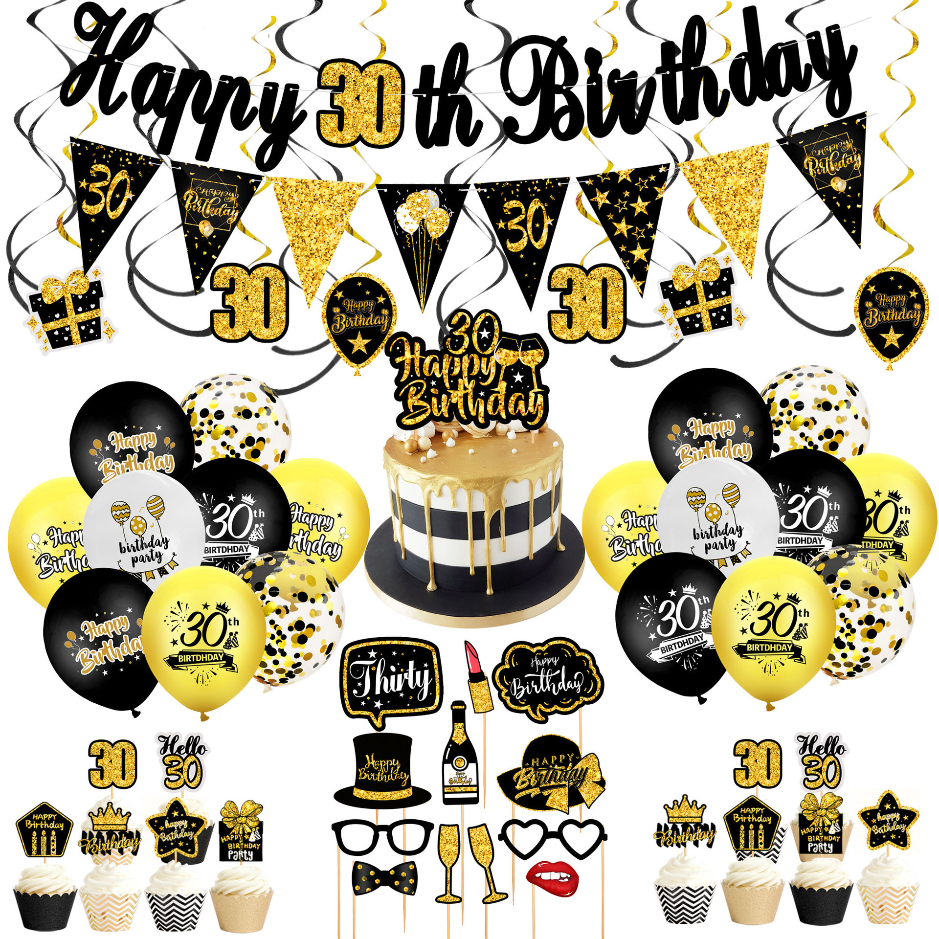 Number 18/30/40/50/60 Birthday Party Decoration Happy Birthday Banner 12 Inch Black Gold Confetti Latex Balloon With Cake Topper