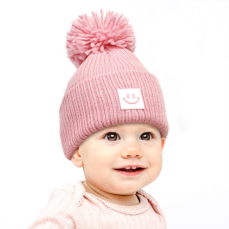 New Cute Design Kids Rib Pompom Knitted Patch Smile Baby Knit Beanie Hat