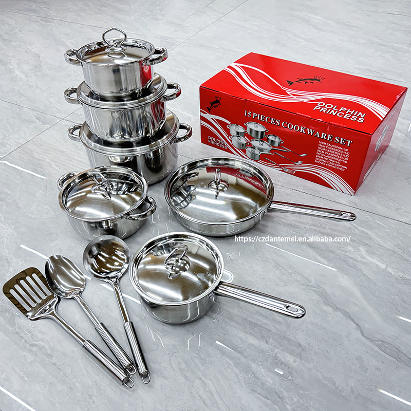 Factory Wholesale 15PCS Kitchenware Sets 410 Stainless Steel Kitchen Utensil Silicone Cookware Set