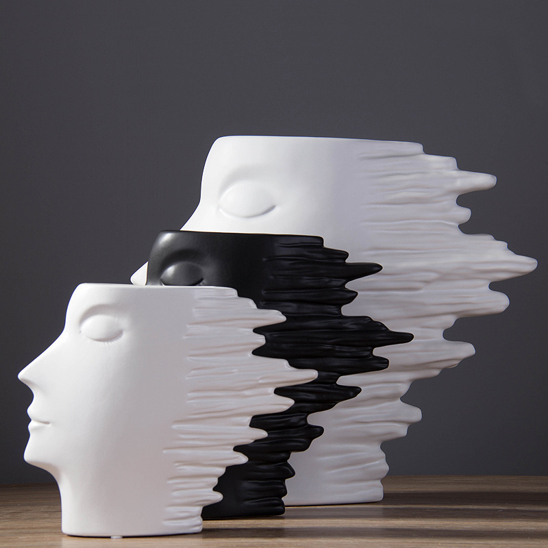 2021 black white face modern luxury decorative porcelain resin flower pot vase decor home art office house style abstract