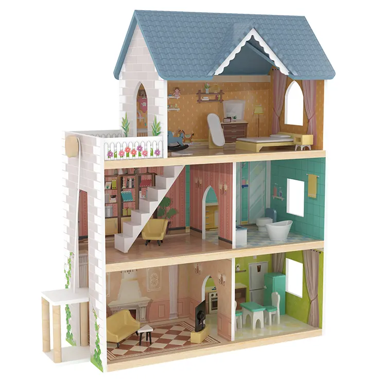 Pretend Role Play DIY Educational Toy Big Kids Wooden Doll House Villa With Accessories Doll Room Furniture Dollhouse Dream