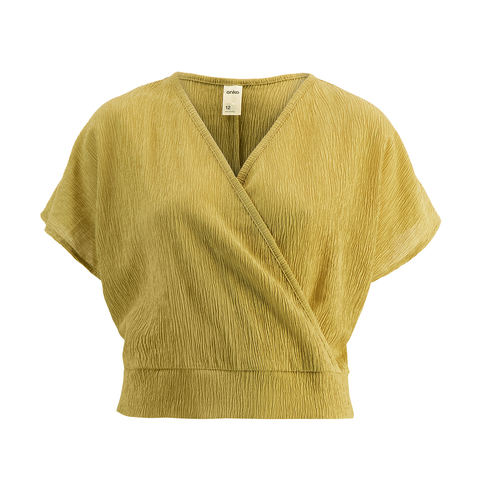 Vintage Simple Tops Crape Wrap Front Design V Neck Gathered Waistline Short Sleeves Women Shirt