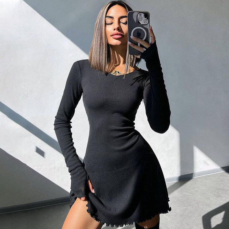 Womens Clothing Women's Fashionable Dress for Autumn and Winter Simple Solid Color with Breathable Back Strap Waist Cinching