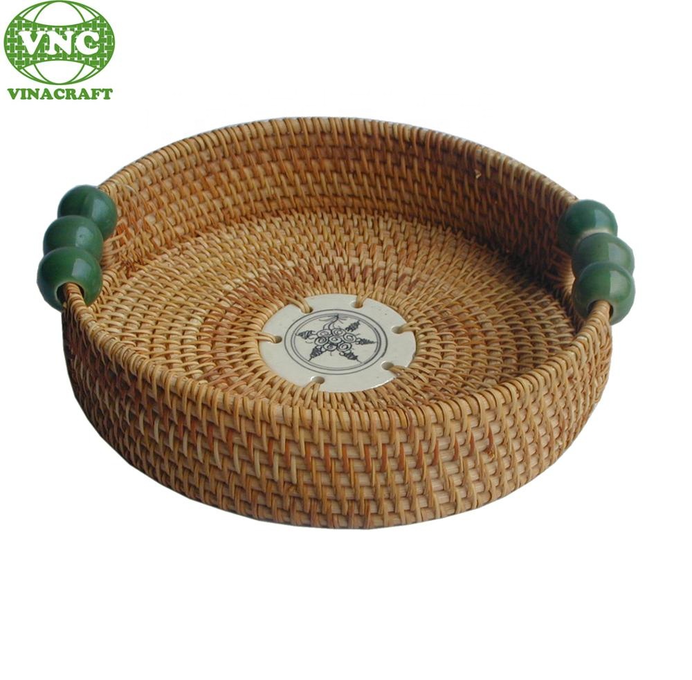 Nice natural for breakfast with handles ceramic handles rattan basket tray
