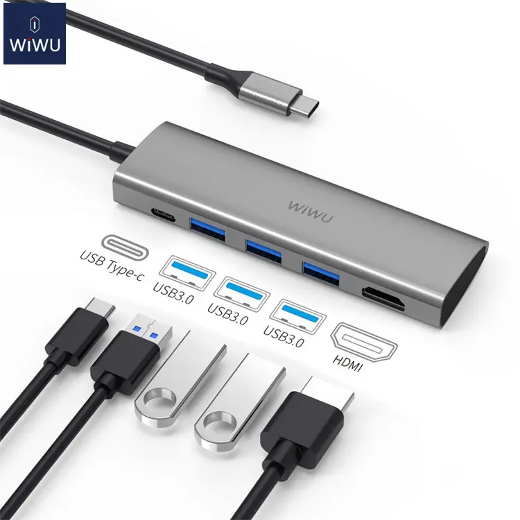 WIWU Hot Selling High Speed 5 In 1 Ports For USB Type C Hub Laptop Charging Adapter For TV