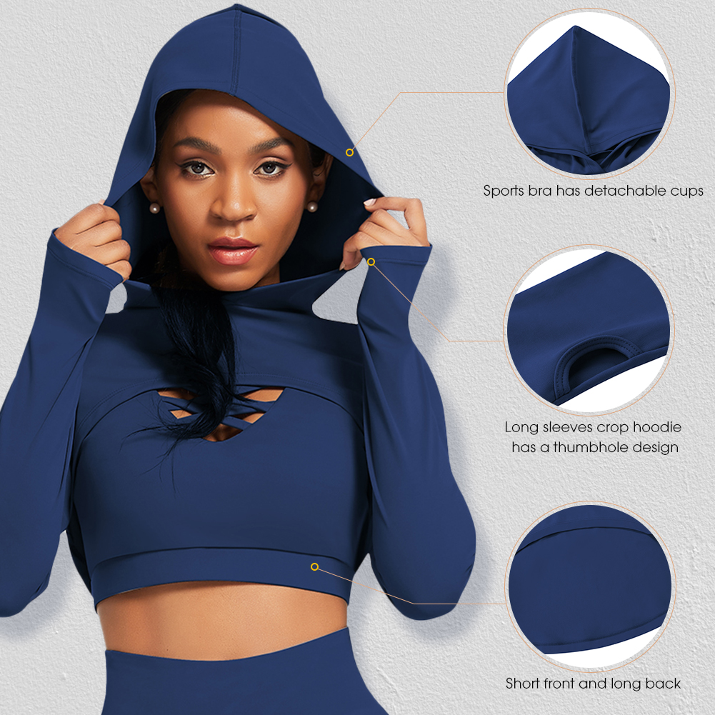 Private Label Long Sleeves Hooded Crop Top Cut-out Yoga Top Workout Custom Hoodie with Thumb Holes